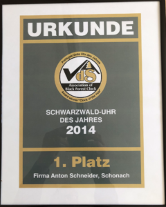 Urkunde Kuckucksuhr des Jahres 2014 - Sieger Anton Schneider