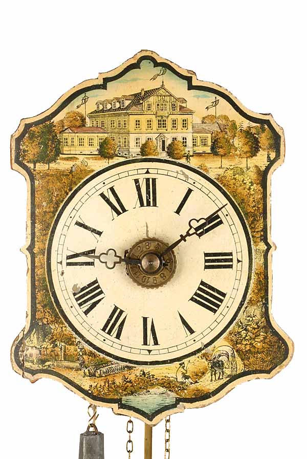 Wanduhr mit Abbildung der Furtwanger Gewerbehalle, dem ersten ständigen Ausstellungsgebäude der 'Historischen Uhrensammlung' , um 1880 (Deutsches Uhrenmuseum, Inv. 2011-044)